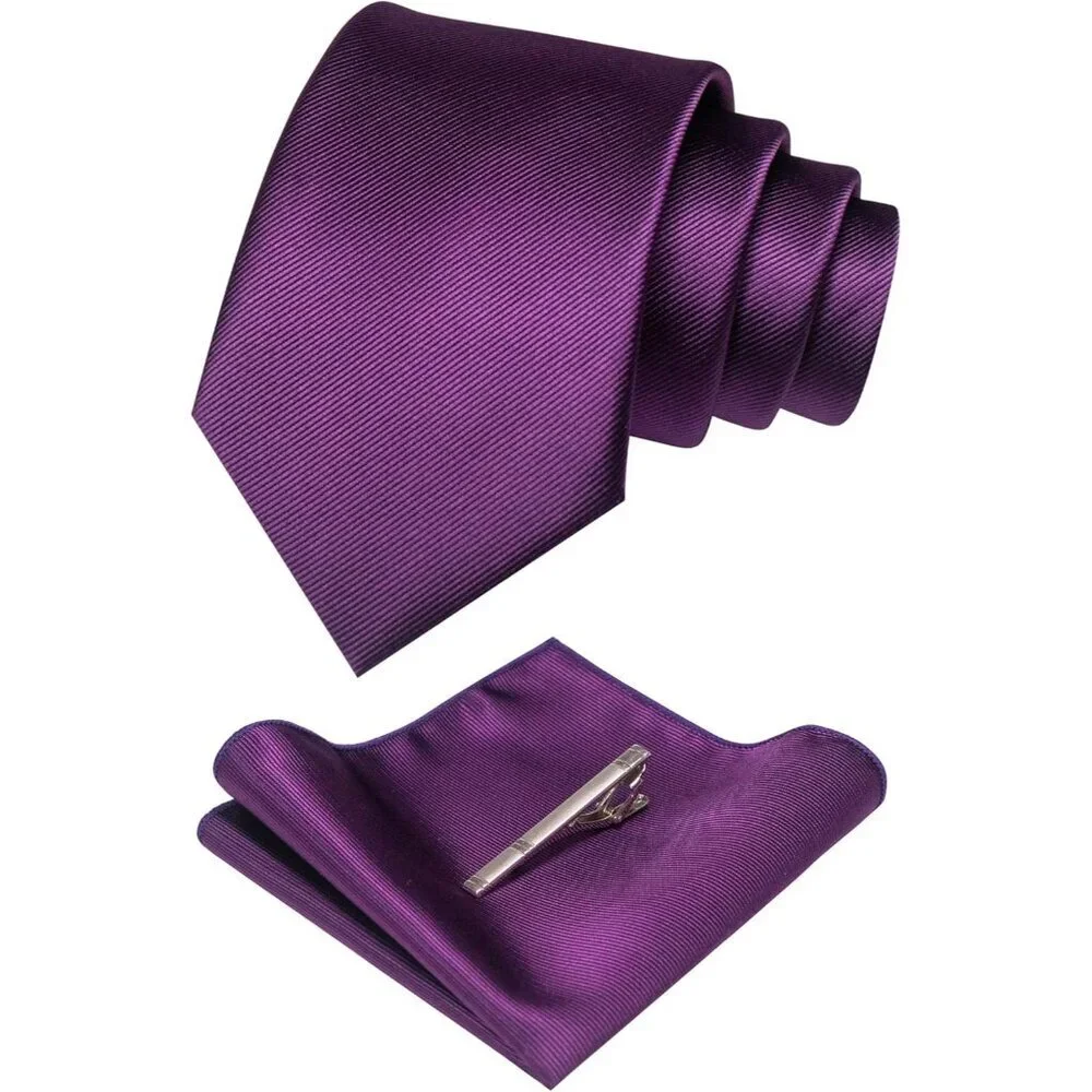 Men's Purple Colour Formal Necktie and Pocket Square Tie Clip Sets
